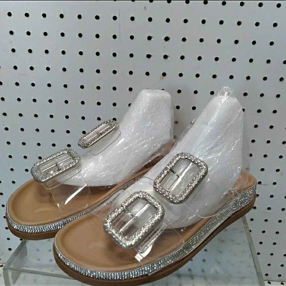 C Comfort | Women's Silver Sandals Rhinestone Flat Wedge Heel Strap Buckle Slide - Picture 3 of 9